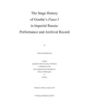 The Stage History of Goethe's Faust I in Imperial Russia