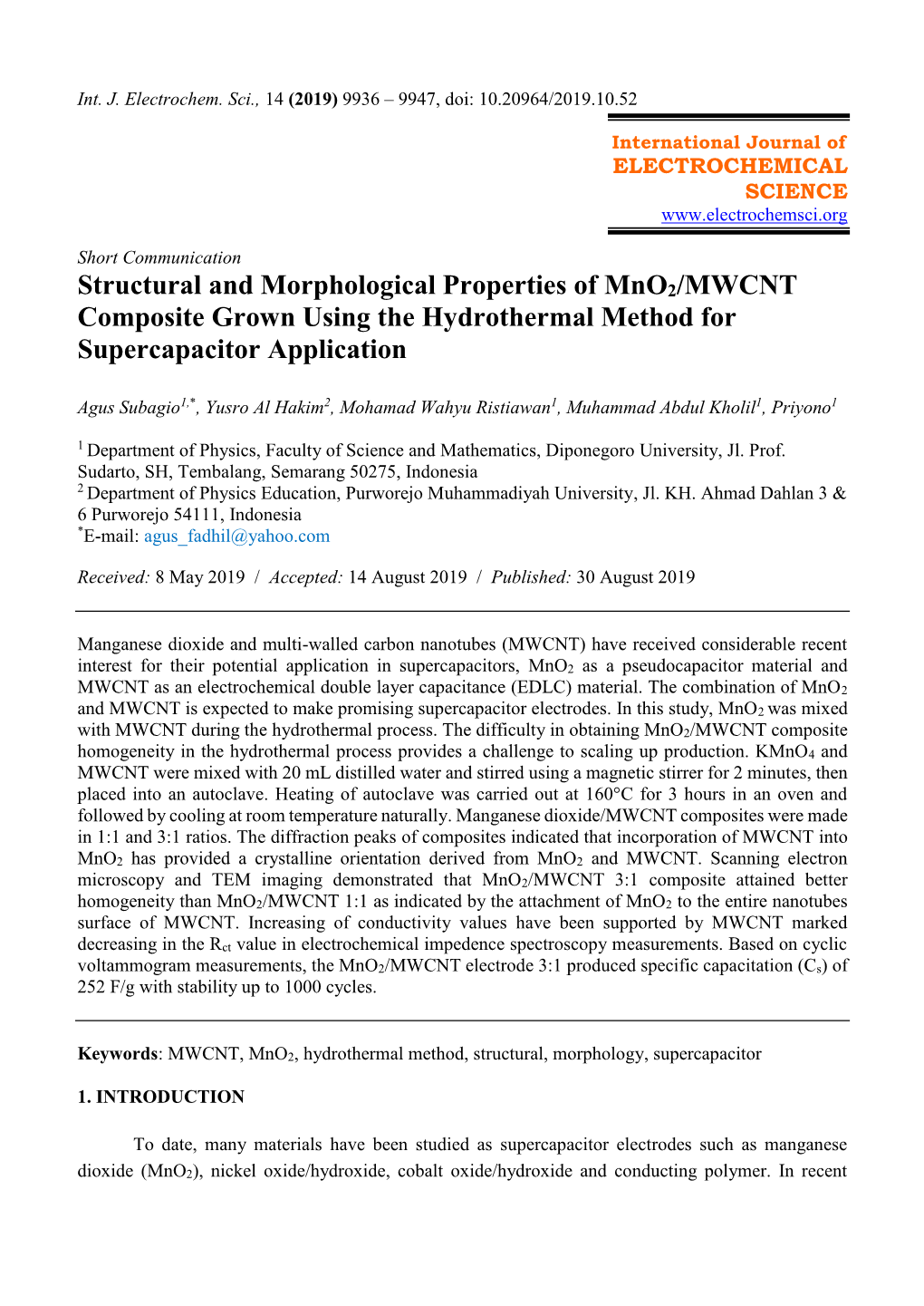 Structural and Morphological Properties of Mno2/MWCNT Composite Grown Using the Hydrothermal Method for Supercapacitor Application