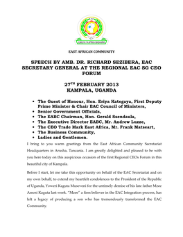 Speech by Amb. Dr. Richard Sezibera, Eac Secretary General at the Regional Eac Sg Ceo Forum