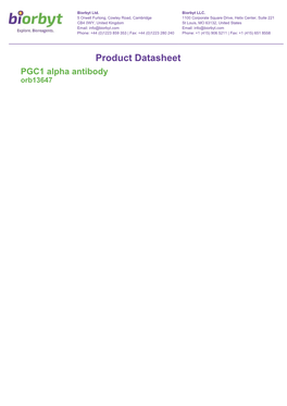 Product Datasheet PGC1 Alpha Antibody Orb13647 Biorbyt Ltd