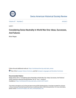 Considering Swiss Neutrality in World War One: Ideas, Successes, and Failures