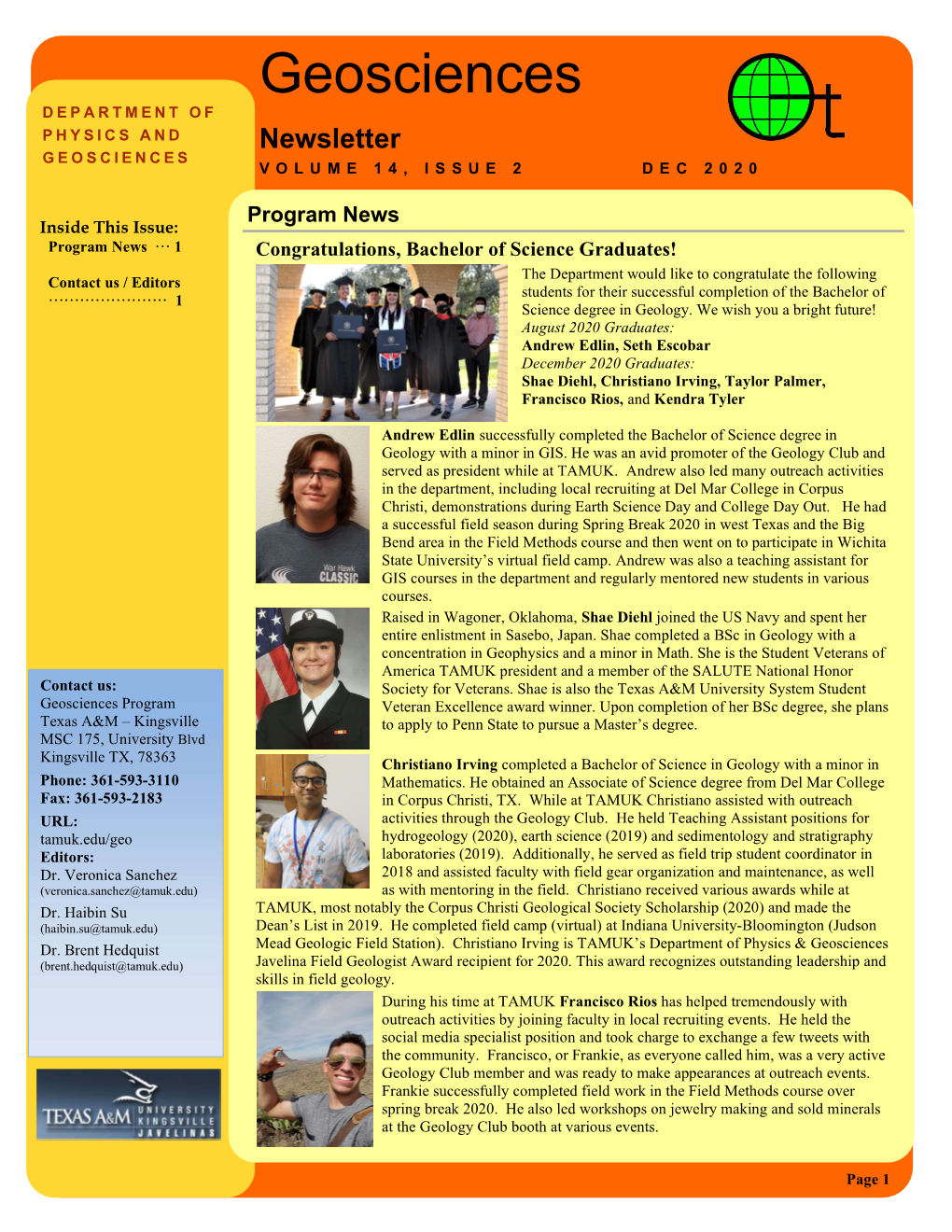 Geosciences DEPARTMENT of PHYSICS and Newsletter GEOSCIENCES VOLUME 14, ISSUE 2 DEC 2020