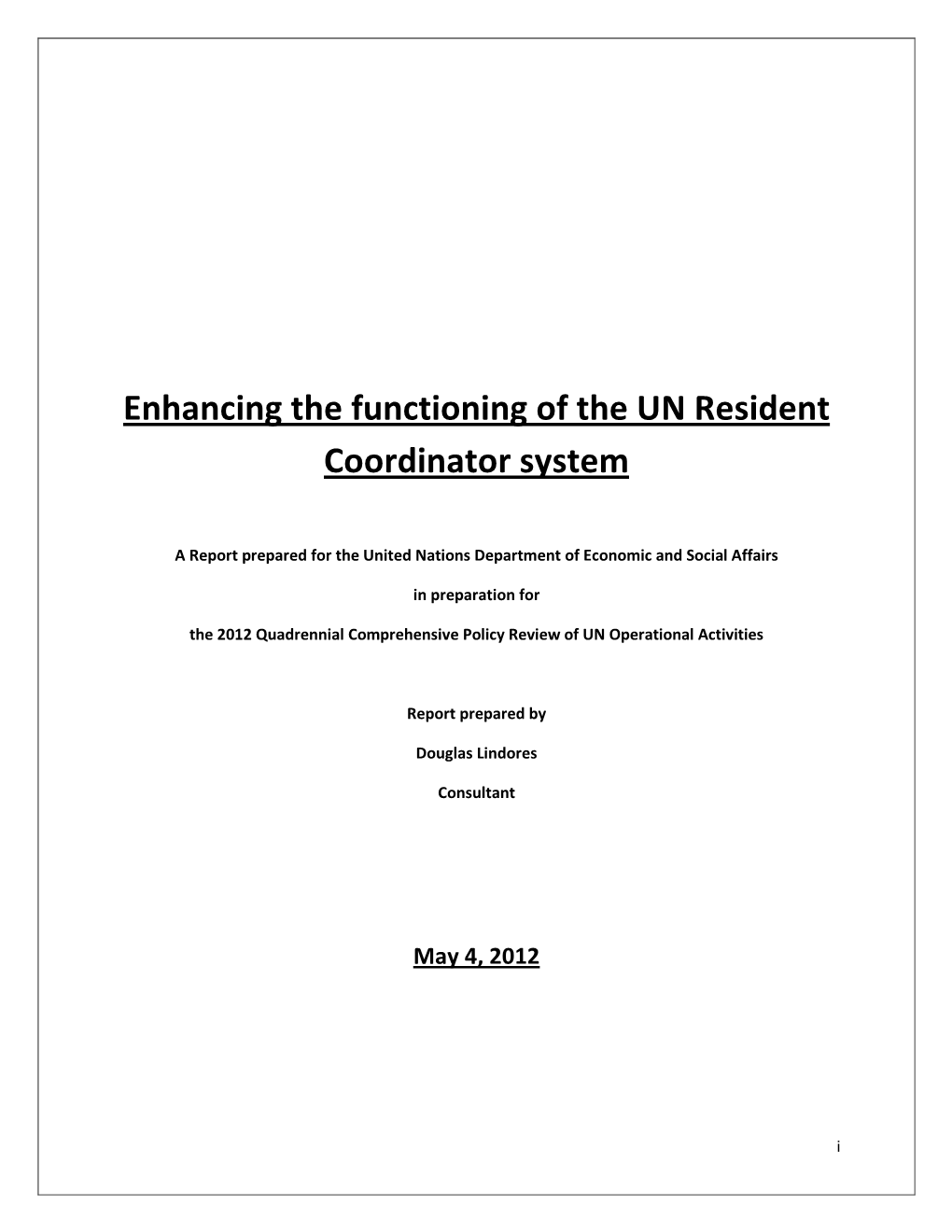 Enhancing the Functioning of the UN Resident Coordinator System