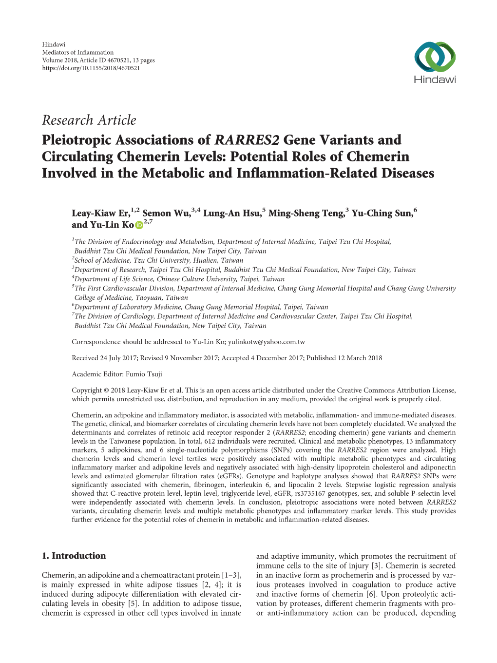 Research Article Pleiotropic Associations of RARRES2