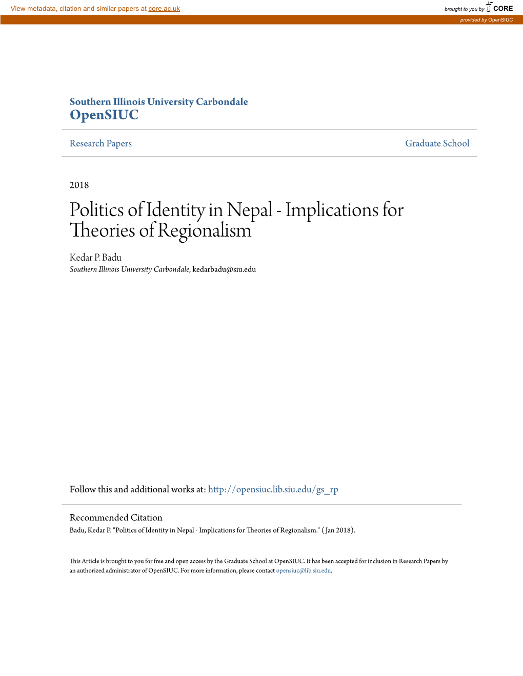 Politics of Identity in Nepal - Implications for Theories of Regionalism Kedar P