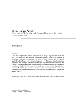 Eyeing Fear and Anxiety: Postcolonial Modernity and Cultural Identity in the Urban Space of the Eye ______