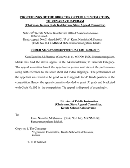 PROCEEDINGS of the DIRECTOR of PUBLIC INSTRUCTION, THIRUVANANTHAPURAM (Chairman, Kerala State Kalolsavam, State Appeal Committee)