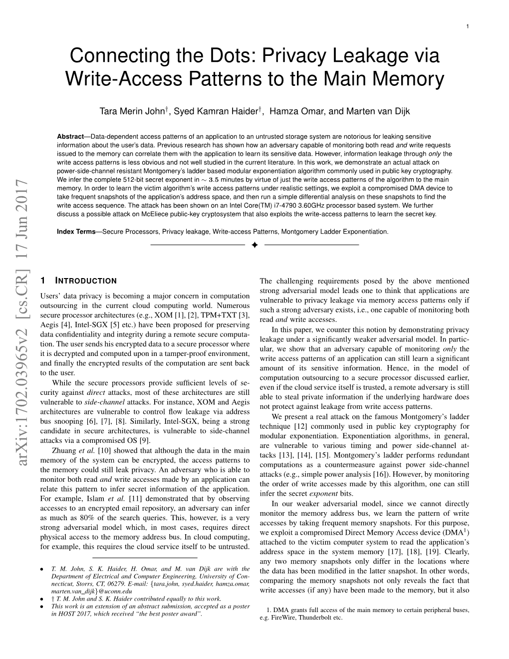 Privacy Leakage Via Write-Access Patterns to the Main Memory