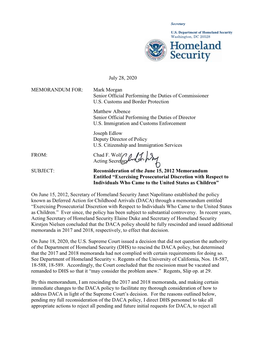 Reconsideration of the June 15, 2012 Memorandum Entitled “Exercising Prosecutorial Discretion with Respect to Individuals Who Came to the United States As Children”
