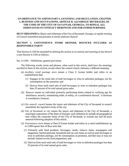 An Ordinance to Amend Part 6, Licensing and Regulation, Chapter 1, Business and Occupations, Article H. Alcoholic Beverages, Of