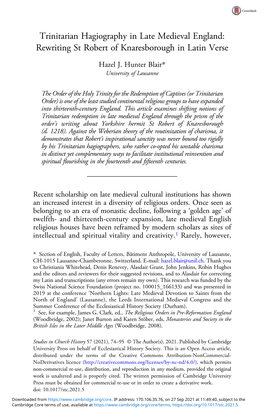 Trinitarian Hagiography in Late Medieval England: Rewriting St Robert of Knaresborough in Latin Verse