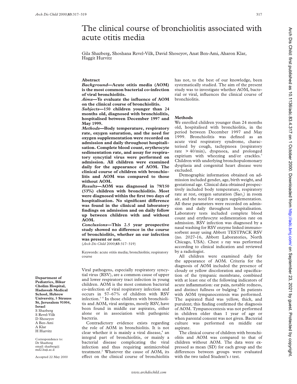 The Clinical Course of Bronchiolitis Associated with Acute Otitis Media