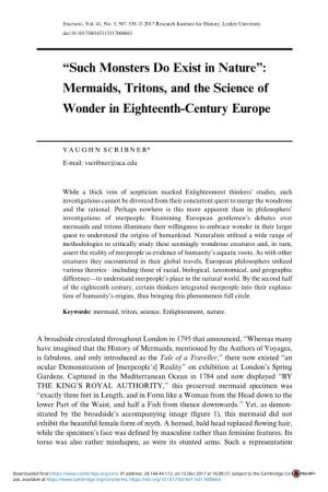 “Such Monsters Do Exist in Nature”: Mermaids, Tritons, and the Science of Wonder in Eighteenth-Century Europe