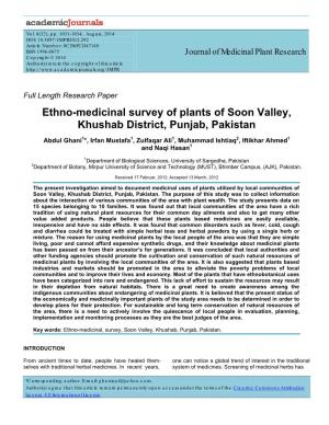 Ethno-Medicinal Survey of Plants of Soon Valley, Khushab District, Punjab, Pakistan