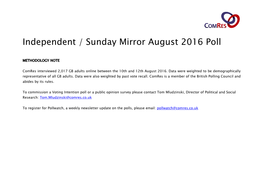 Independent / Sunday Mirror August 2016 Poll