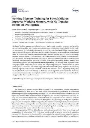 Working Memory Training for Schoolchildren Improves Working Memory, with No Transfer Effects on Intelligence