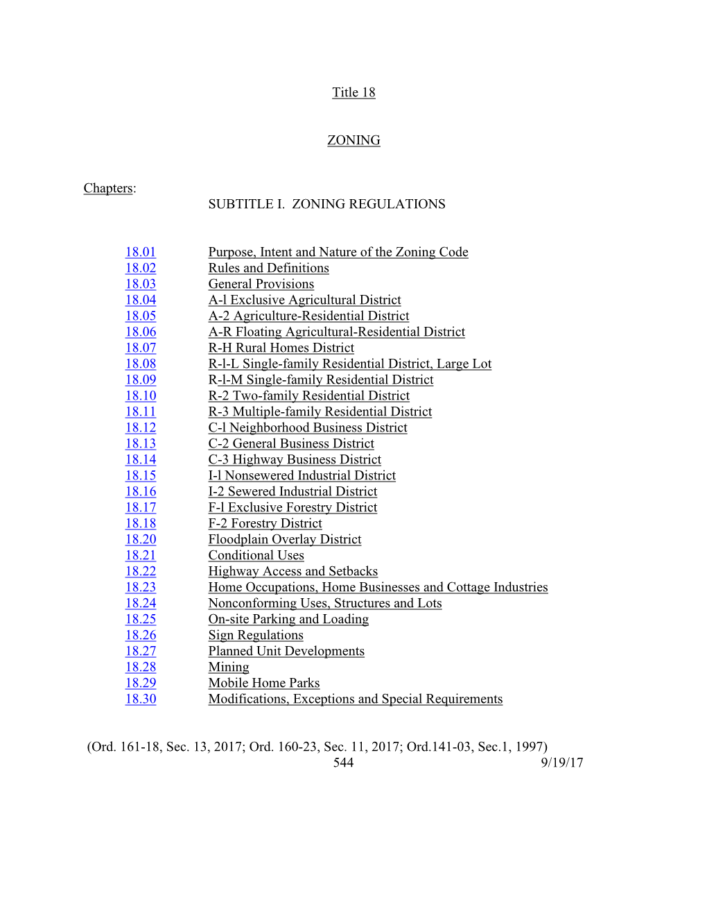 SUBTITLE I. ZONING REGULATIONS 18.01 Purpose, Intent and Nature Of