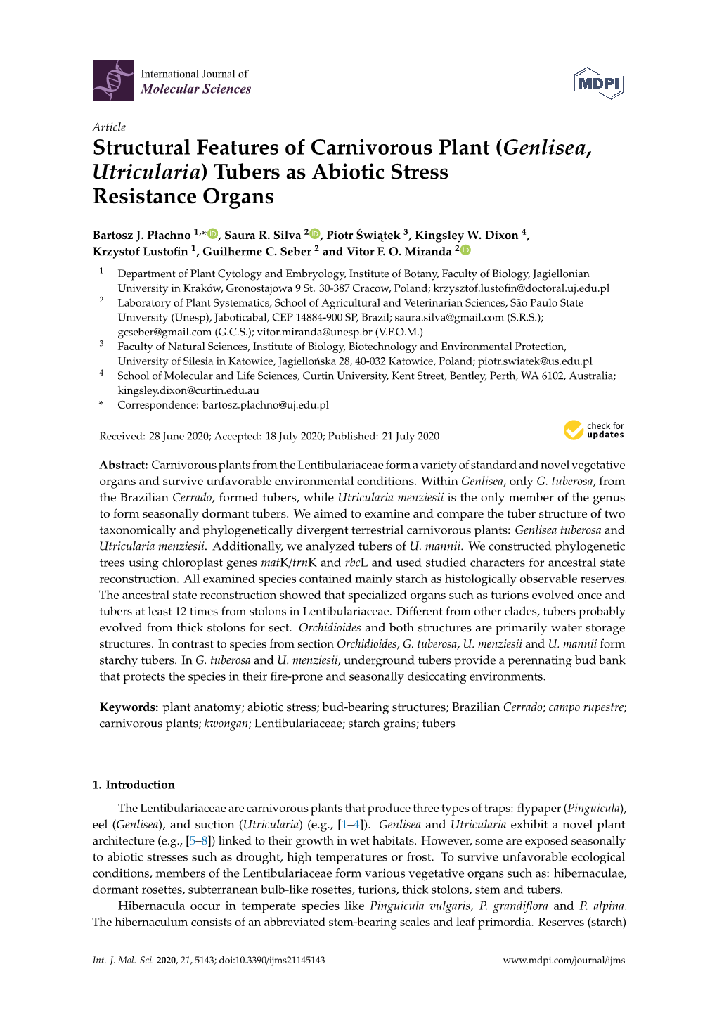 Structural Features of Carnivorous Plant (Genlisea, Utricularia) Tubers As Abiotic Stress Resistance Organs