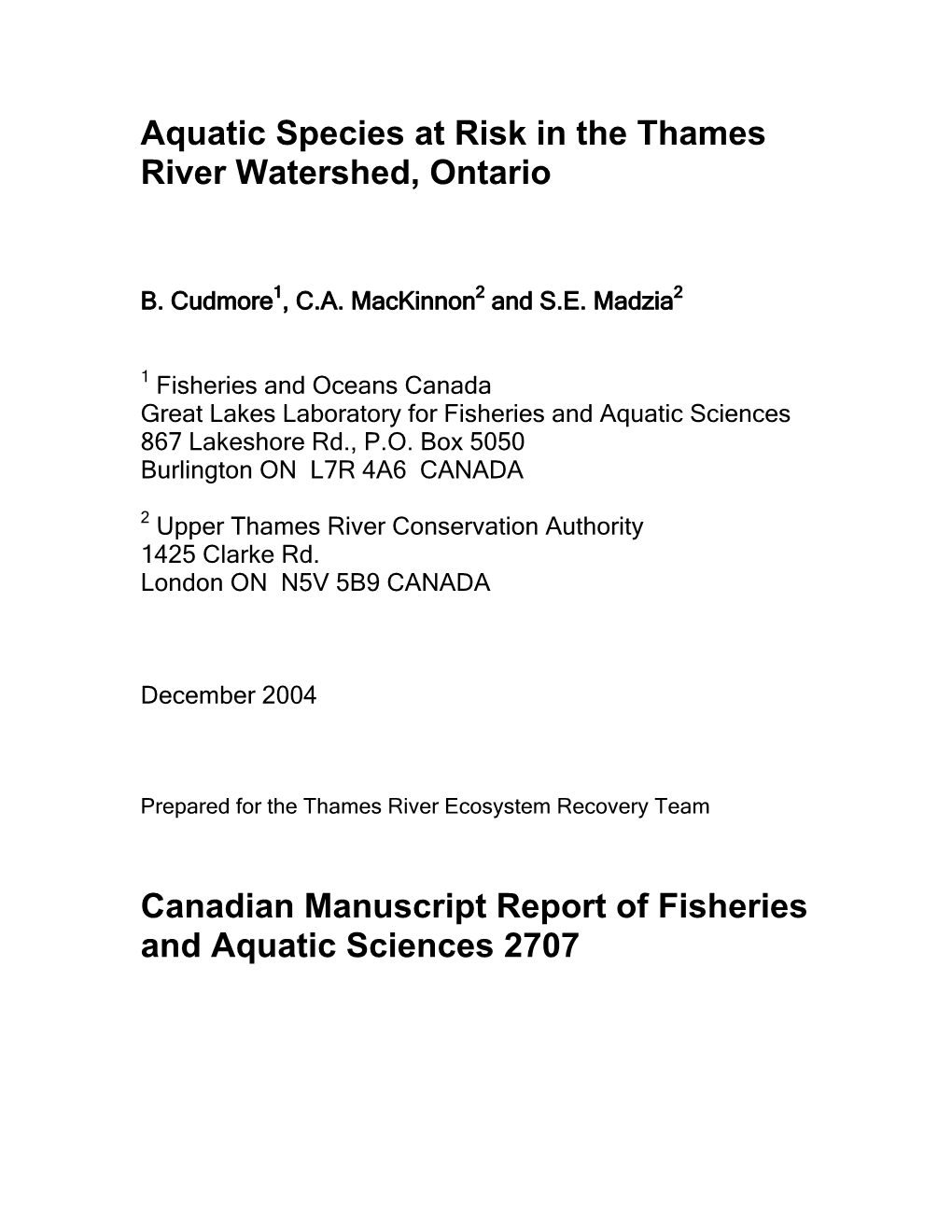 Aquatic Species at Risk in the Thames River Watershed, Ontario