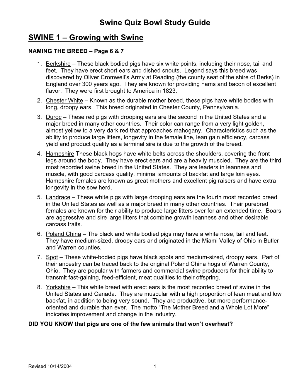 Swine Quiz Bowl Study Guide SWINE 1 – Growing with Swine