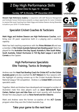 2 Day High Performance Skills Cricket Clinic for Ages 10 - 18 Years