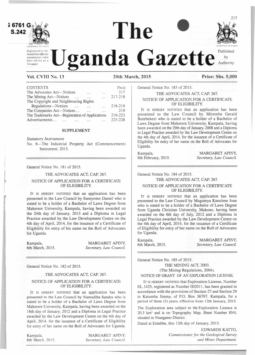 The • Uganda Gazettepublished