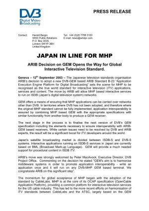 JAPAN in LINE for MHP ARIB Decision on GEM Opens the Way for Global Interactive Television Standard