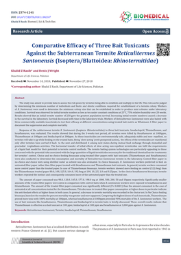 Comparative Efficacy of Three Bait Toxicants Against the Subterranean Termite Reticulitermes Santonensis (Isoptera/Blattoidea: Rhinotermitidae)