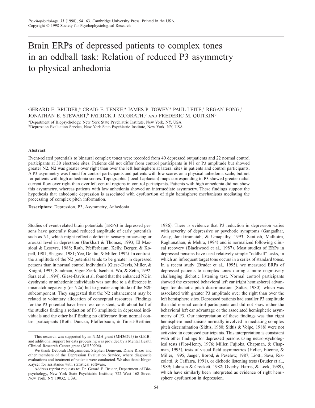 Brain Erps of Depressed Patients to Complex Tones in an Oddball Task: Relation of Reduced P3 Asymmetry to Physical Anhedonia