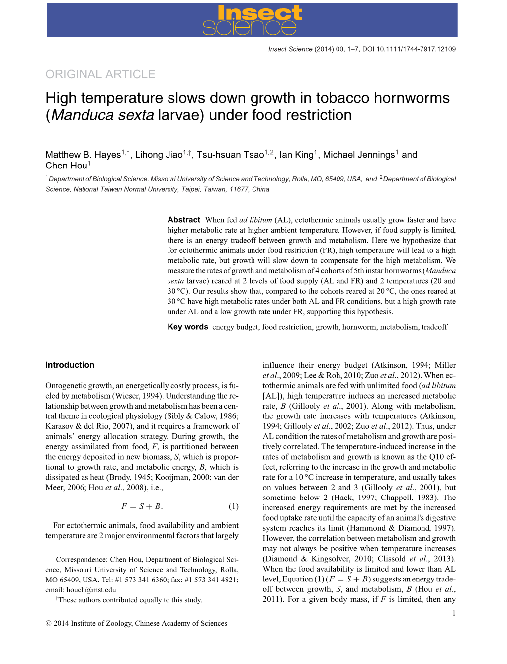 High Temperature Slows Down Growth in Tobacco Hornworms (Manduca Sexta Larvae) Under Food Restriction