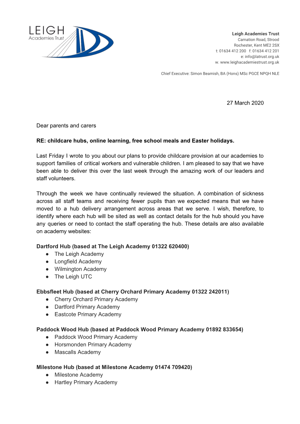 Trust Parental Letter Fri 27Th March