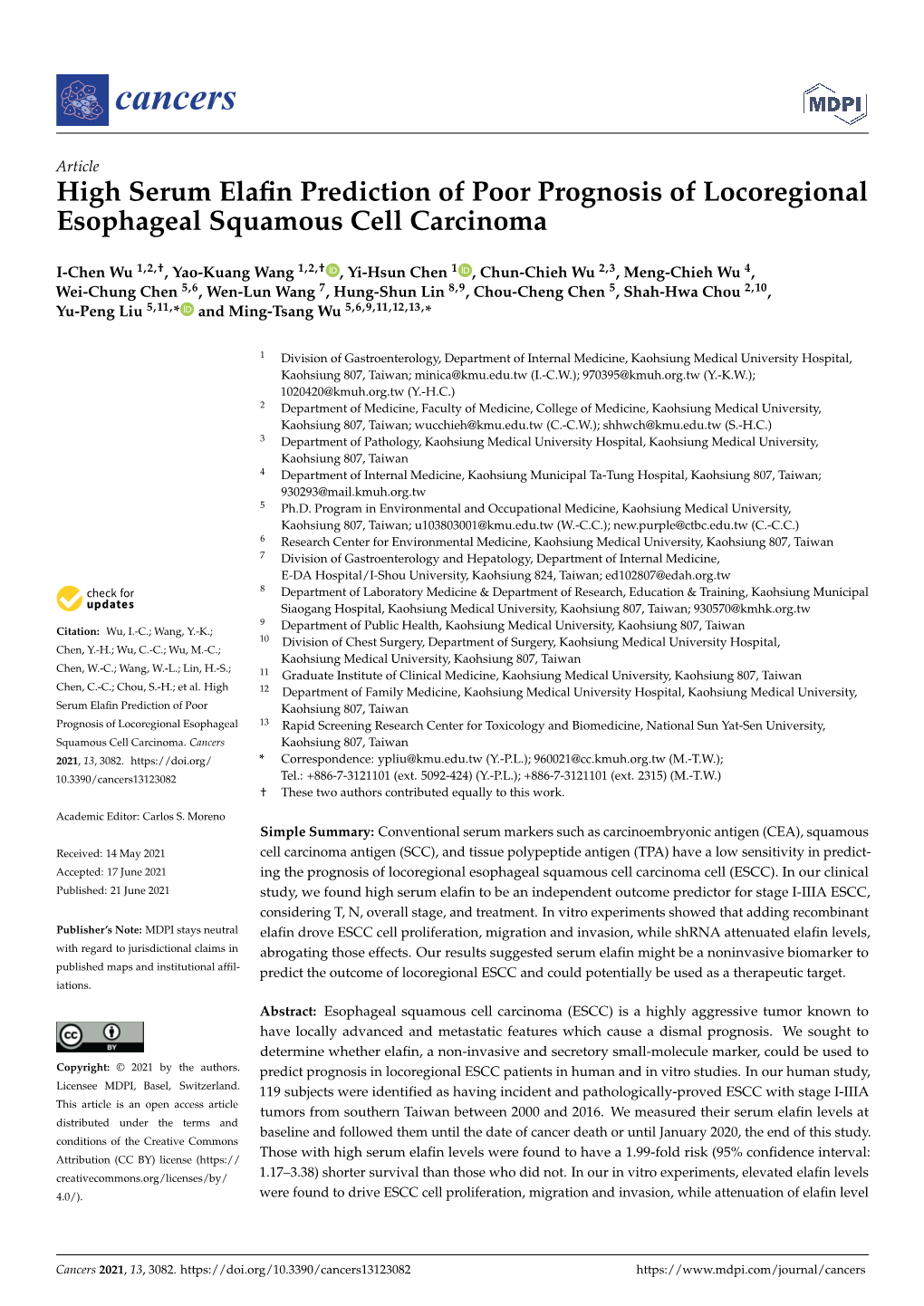 High Serum Elafin Prediction of Poor Prognosis of Locoregional