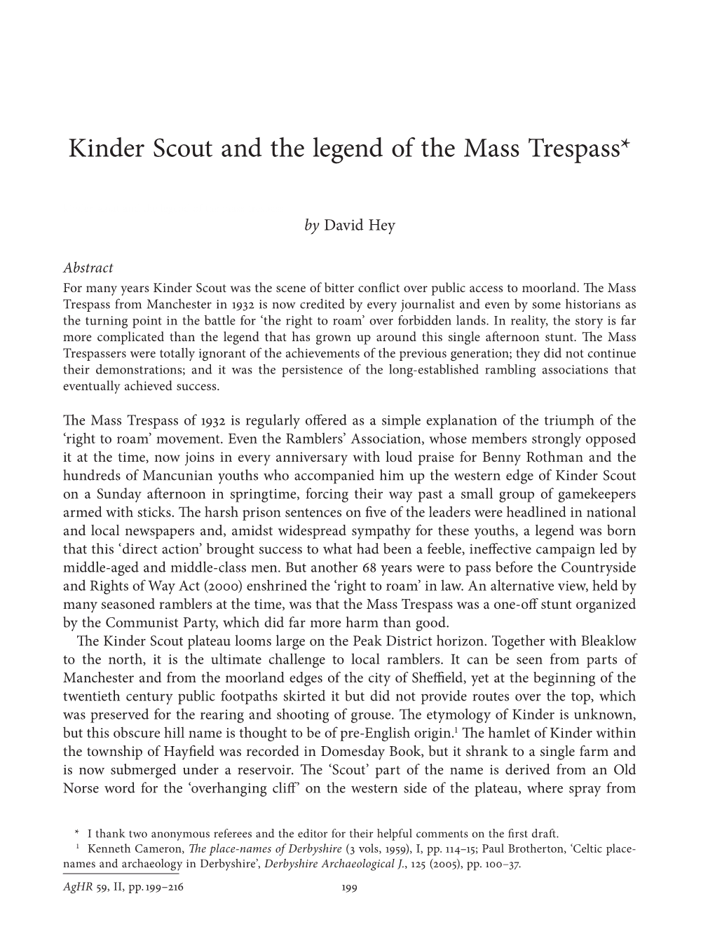 Kinder Scout and the Legend of the Mass Trespass*