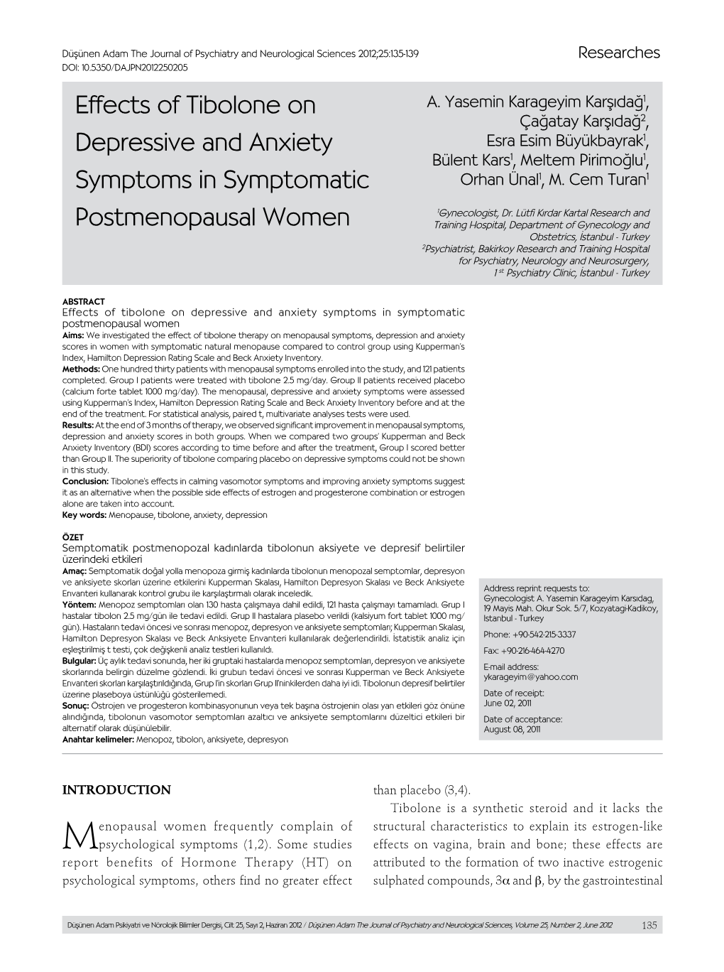 Effects of Tibolone on Depressive and Anxiety Symptoms in Symptomatic