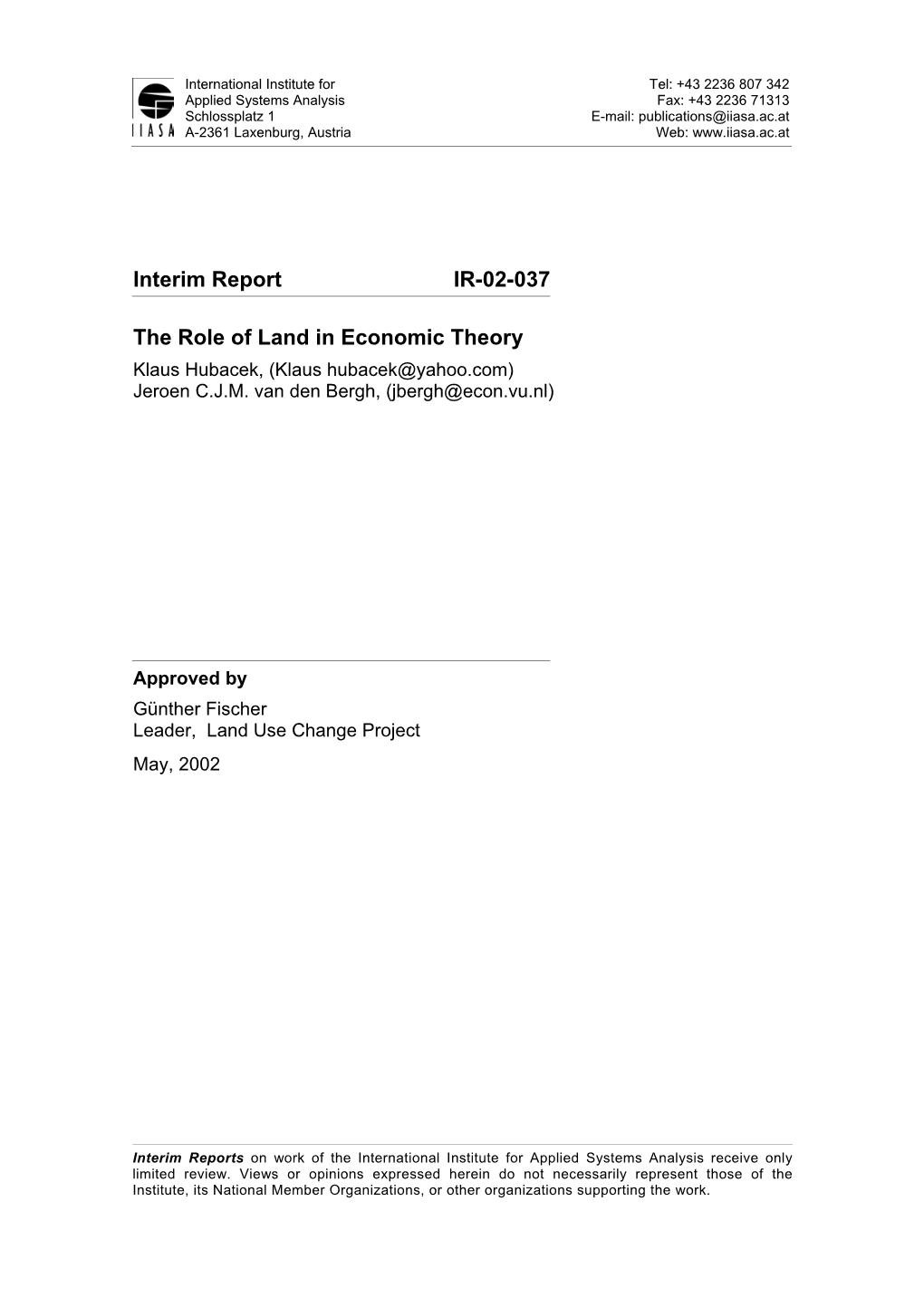 Interim Report IR-02-037 the Role of Land in Economic Theory