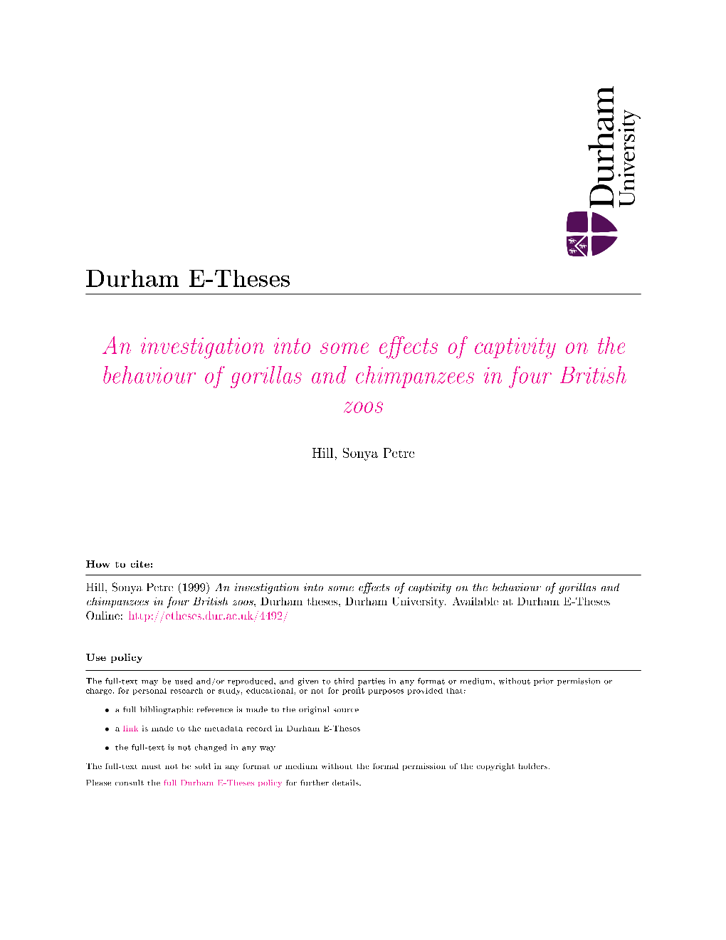 An Investigation Into Some E Ects of Captivity on the Behaviour of Gorillas