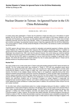 Nuclear Disaster in Taiwan: an Ignored Factor in the US-China Relationship Written by Shang-Su Wu