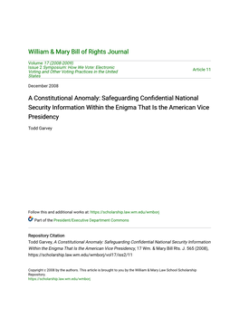 Safeguarding Confidential National Security Information Within the Enigma That Is the American Vice Presidency