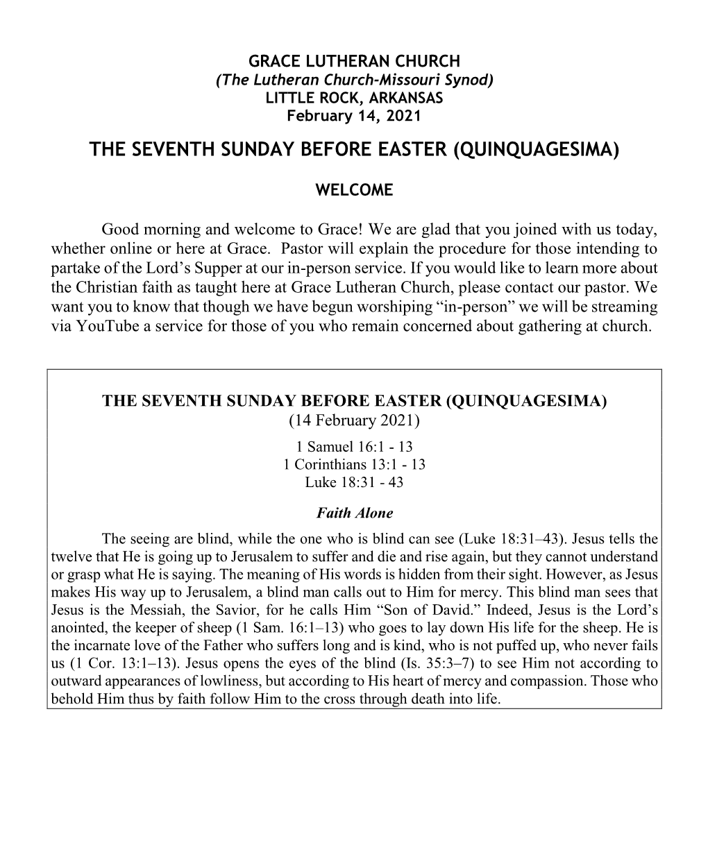 The Seventh Sunday Before Easter (Quinquagesima)