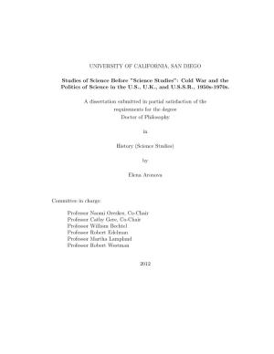 ”Science Studies”: Cold War and the Politics of Science in the U.S., U.K., and U.S.S.R., 1950S-1970S