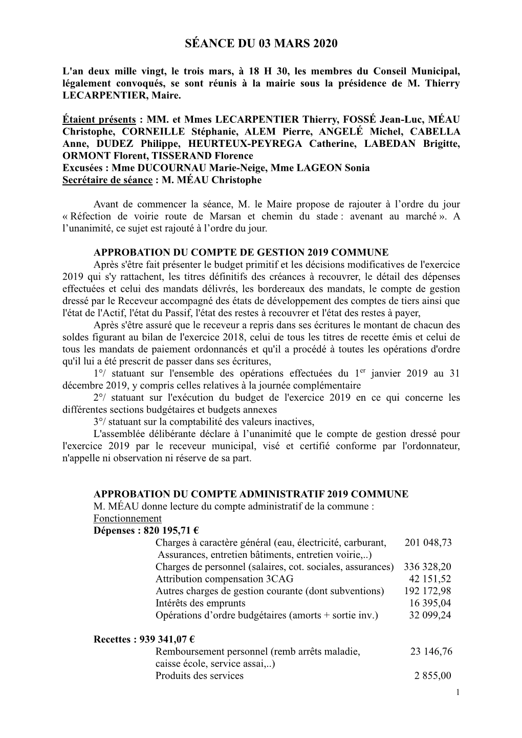 Compte Rendu Conseil Municipal Du 03.03.2020