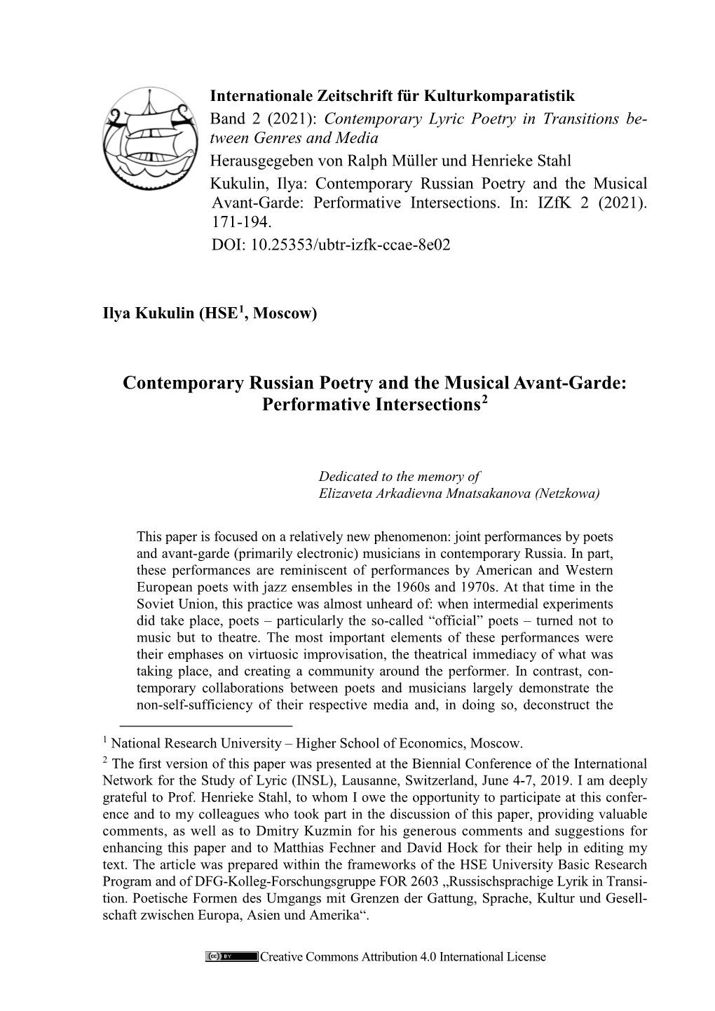 Contemporary Russian Poetry and the Musical Avant-Garde: Performative Intersections