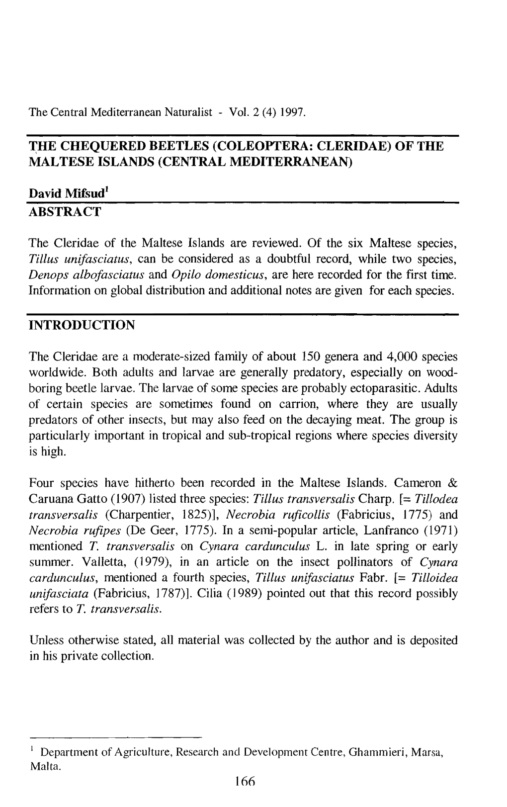 Coleoptera: Cleridae) of the Mal Tese Islands (Central Mediterranean