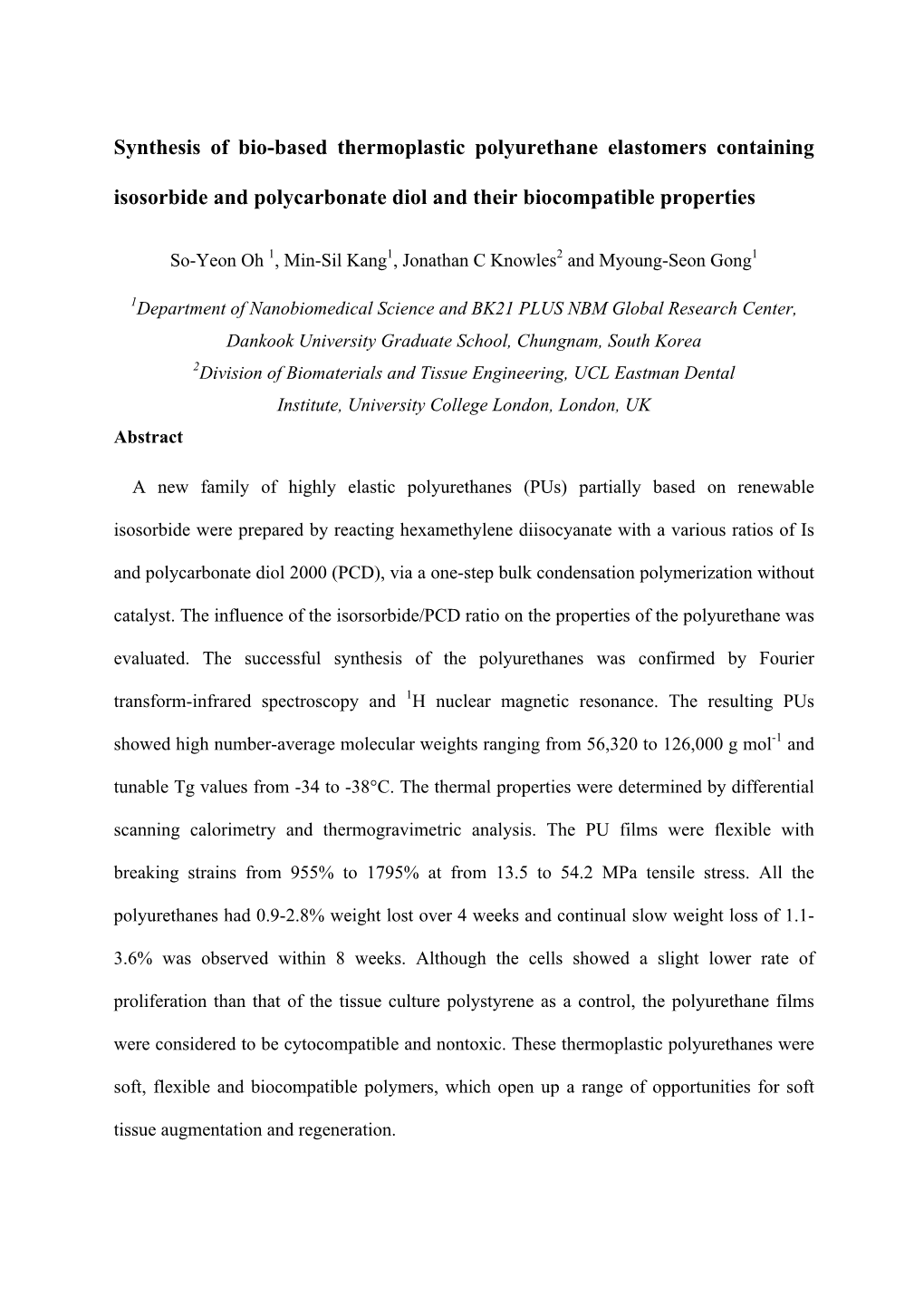 Synthesis of Bio-Based Thermoplastic Polyurethane Elastomers Containing Isosorbide and Polycarbonate Diol and Their Biocompatible Properties