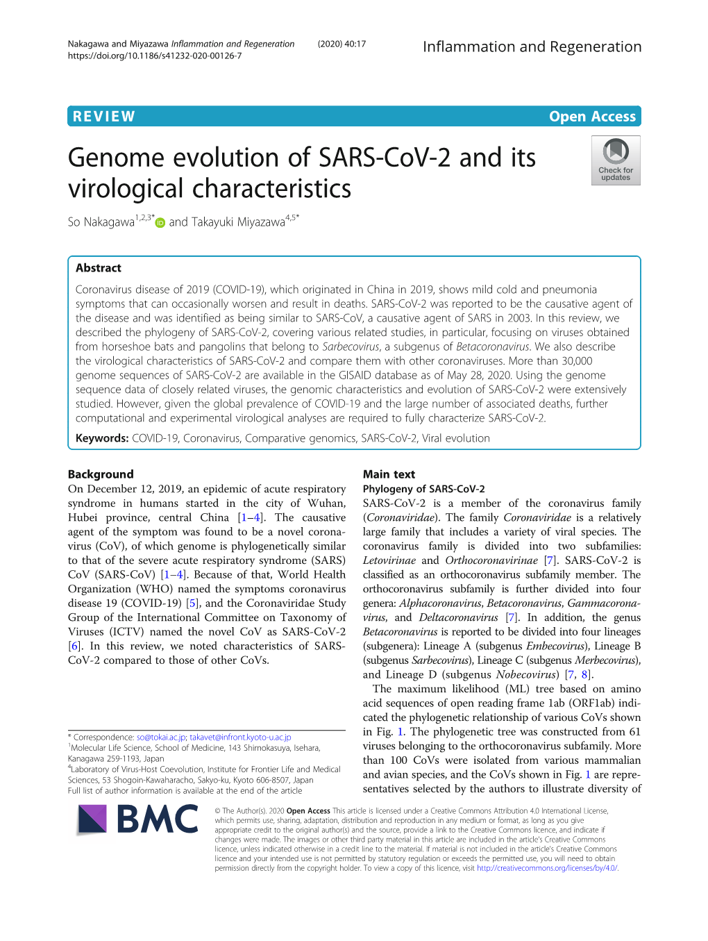 Genome Evolution of SARS-Cov-2 and Its Virological Characteristics So Nakagawa1,2,3* and Takayuki Miyazawa4,5*