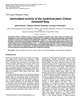 Antioxidant Activity of the Medicinal Plant Coleus Forskohlii Briq