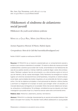 Hikikomori: El Síndrome De Aislamiento Social Juvenil Hikikomori: the Youth Social Isolation Syndrome