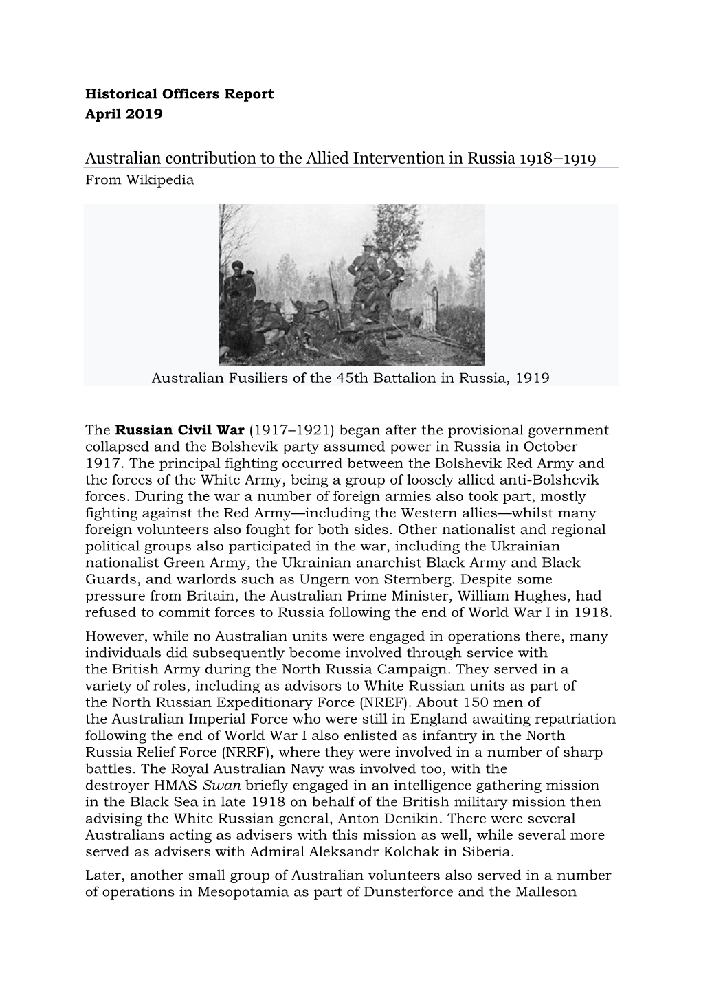 Australian Contribution to the Allied Intervention in Russia 1918–1919 from Wikipedia