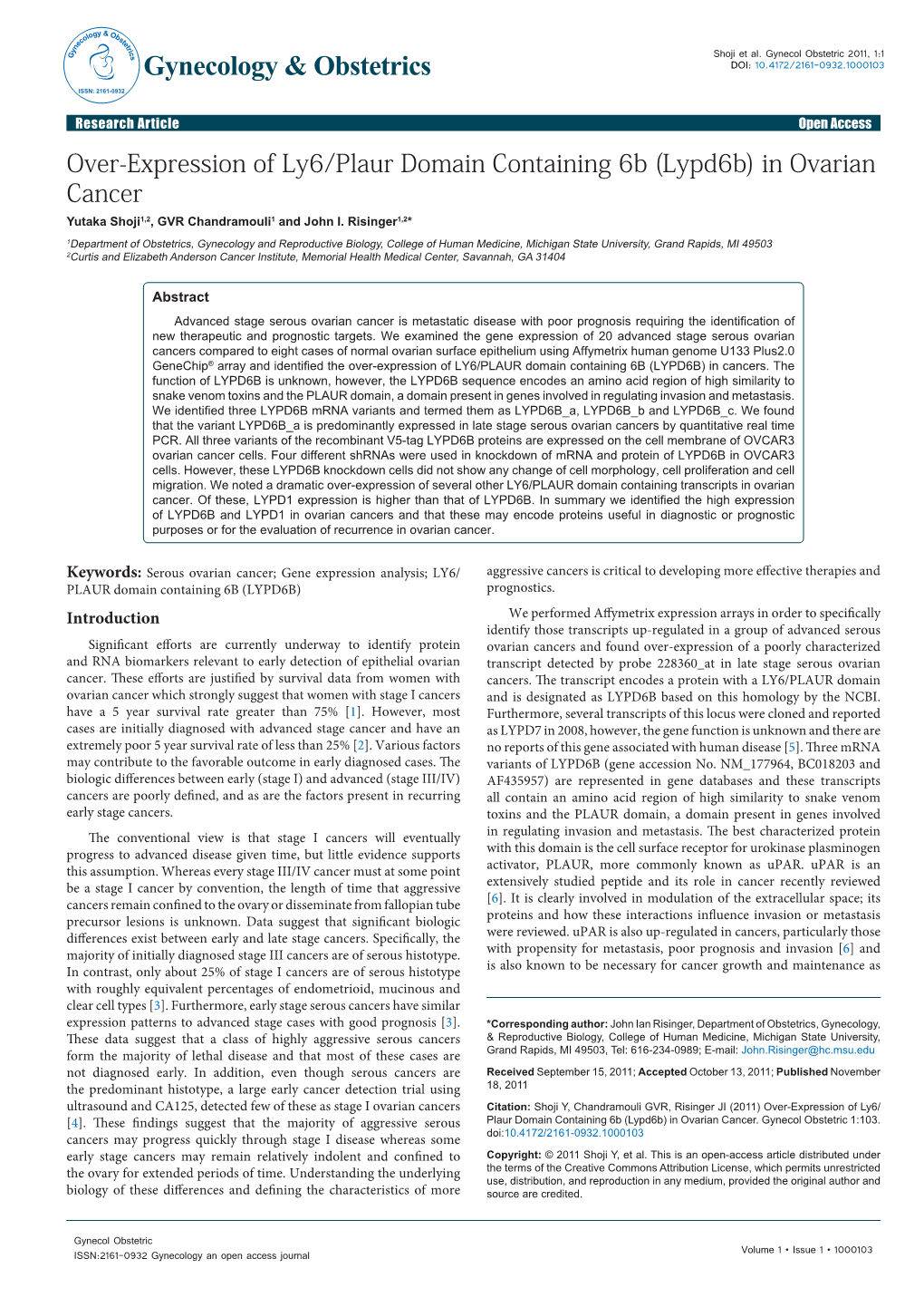 In Ovarian Cancer Yutaka Shoji1,2, GVR Chandramouli1 and John I