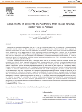 Geochemistry of Cassiterite and Wolframite from Tin and Tungsten Quartz Veins in Portugal ⁎ A.M.R